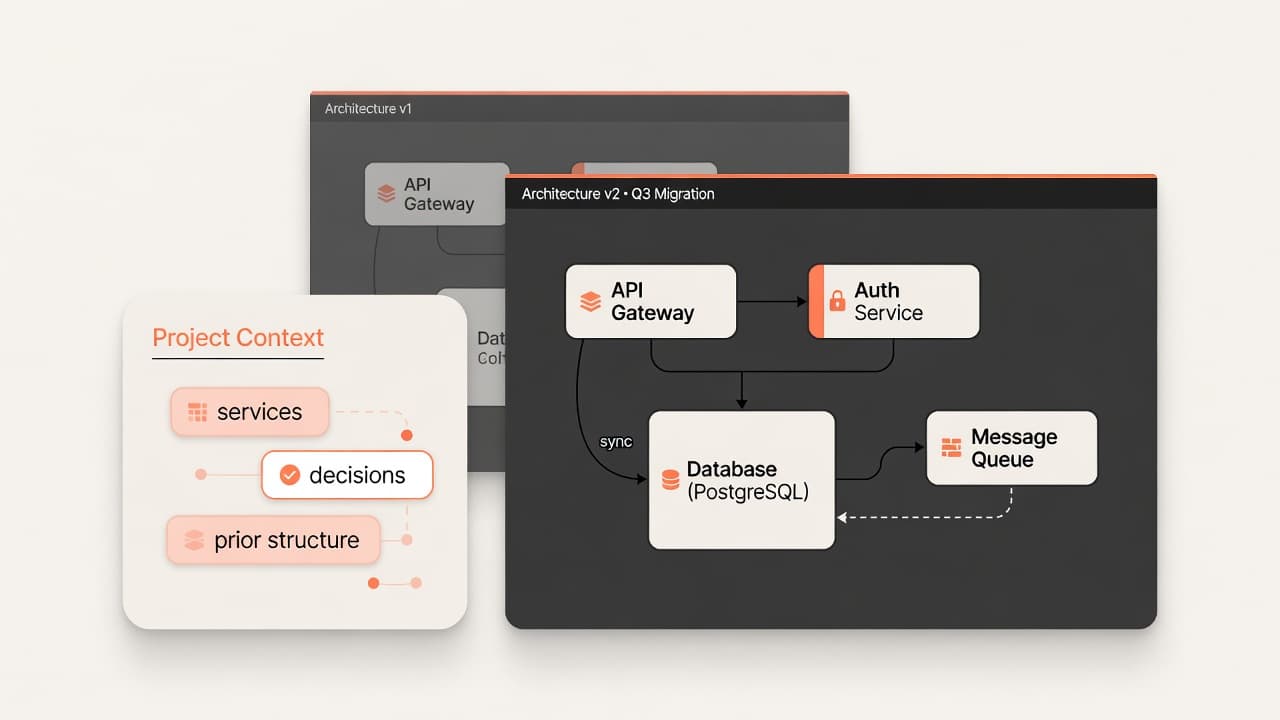 OpenDiagram illustration of a software architecture diagram evolving with a Project Context panel of services, decisions, and prior structure