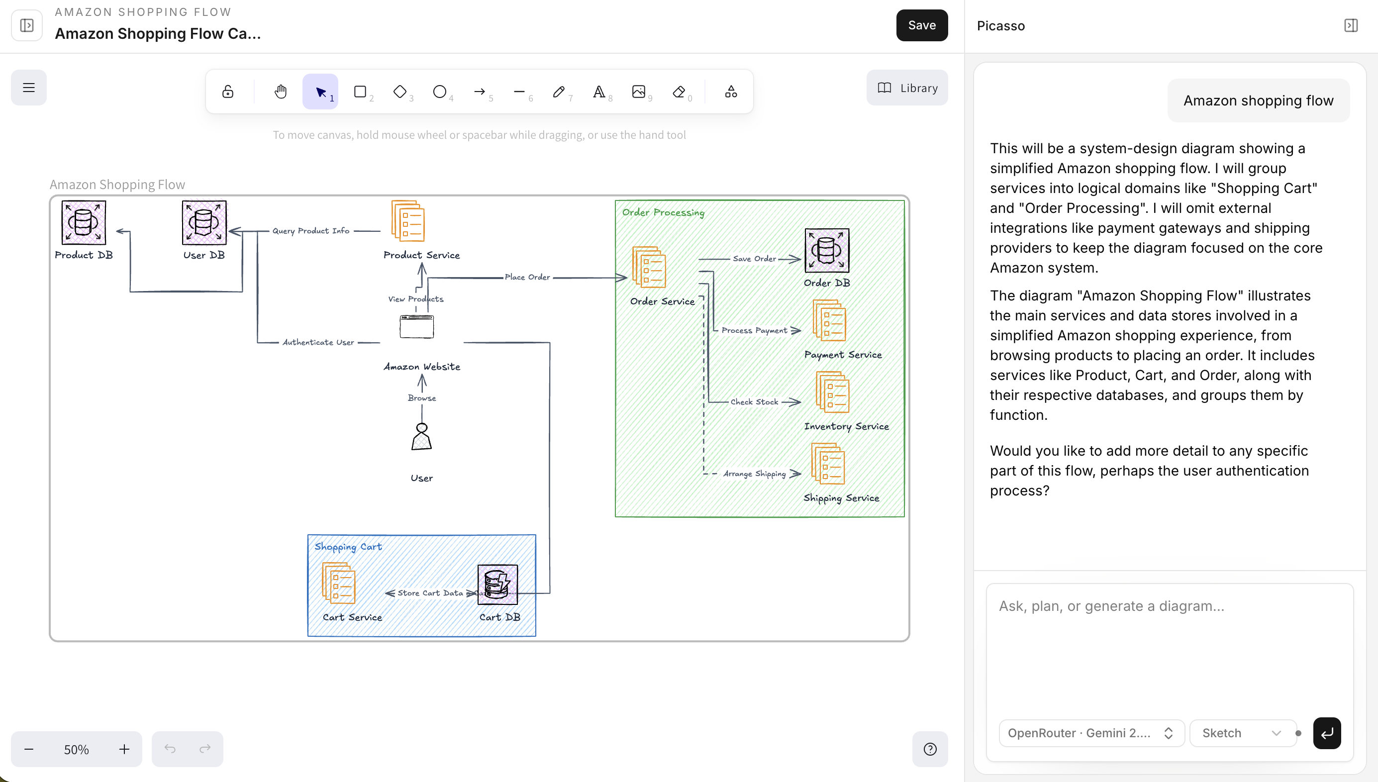 The OpenDiagram interface showing the prompt input and generated diagram